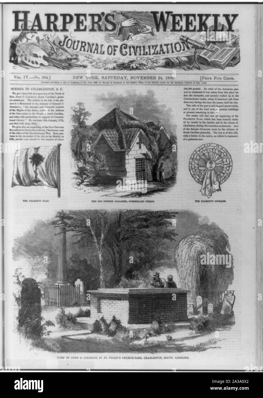 Szenen in Charleston, S.C. [Komposit aus 4 Holzstiche]: Grab von John C Calhoun, in St. Philip's Friedhof; die alten Pulvermagazin, Cumberland Street; der Palmetto Flagge; die Palmetto Kokarde Stockfoto