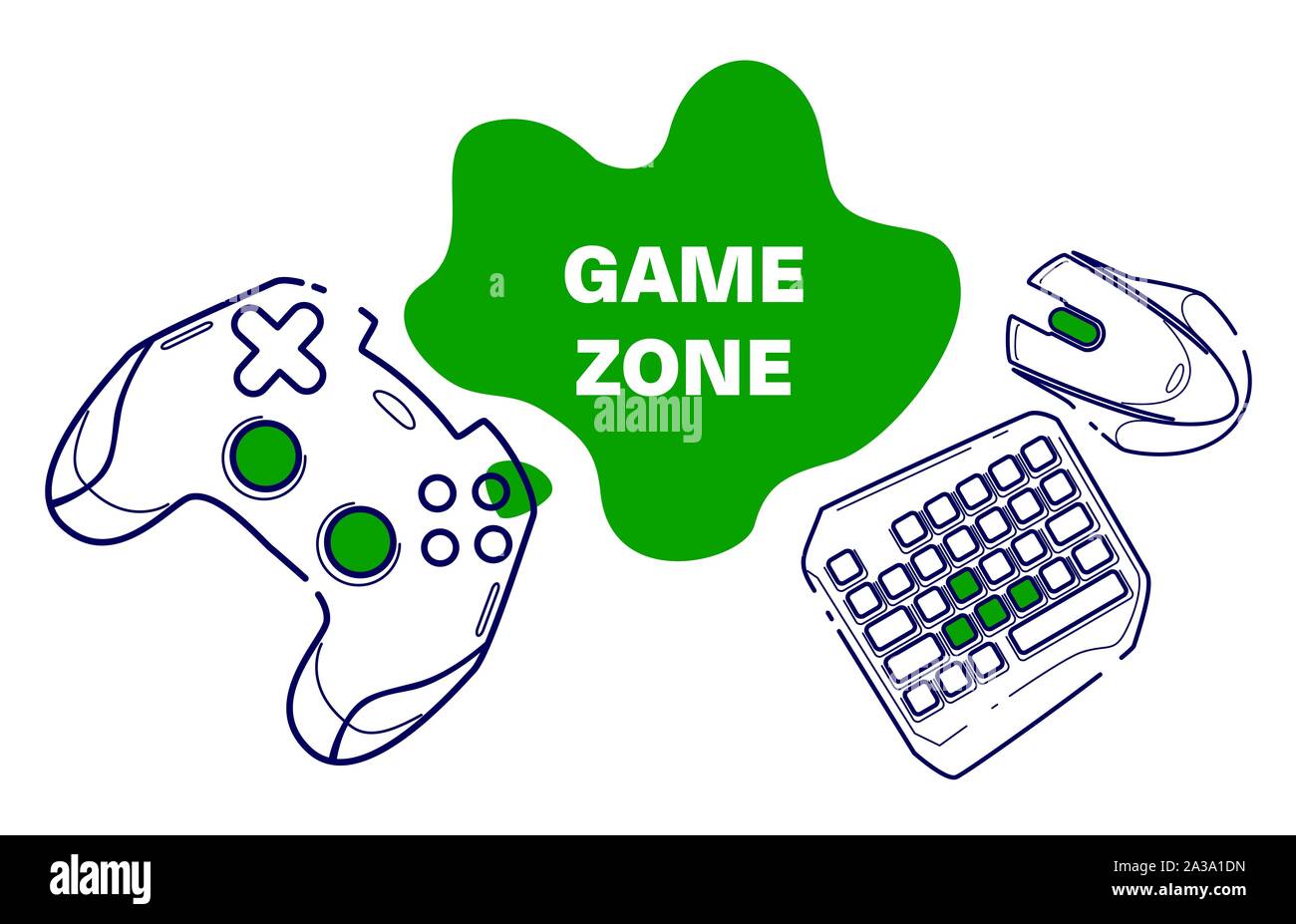 Konsolen und PC-Spiele, Spiel Konzept wettbewerbsfähig - Game Zone. Line Konzept Kunst mit Zurück izolated mit grüner Farbe. Stock Vektor