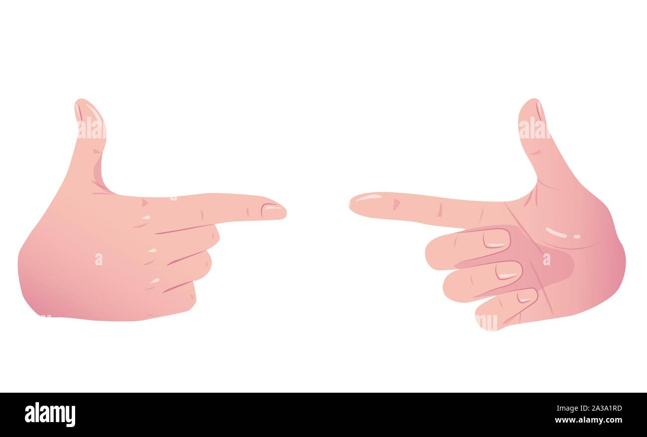 Zwei zeigen Hände machen Geste Zeigefinger. Übersicht Gesten Zeichen sieht aus wie Holding Gun und bereit für die Aufnahme oder die Taste drücken. Vektor Flachbild Konzept isoliert auf weißem Hintergrund. Stock Vektor