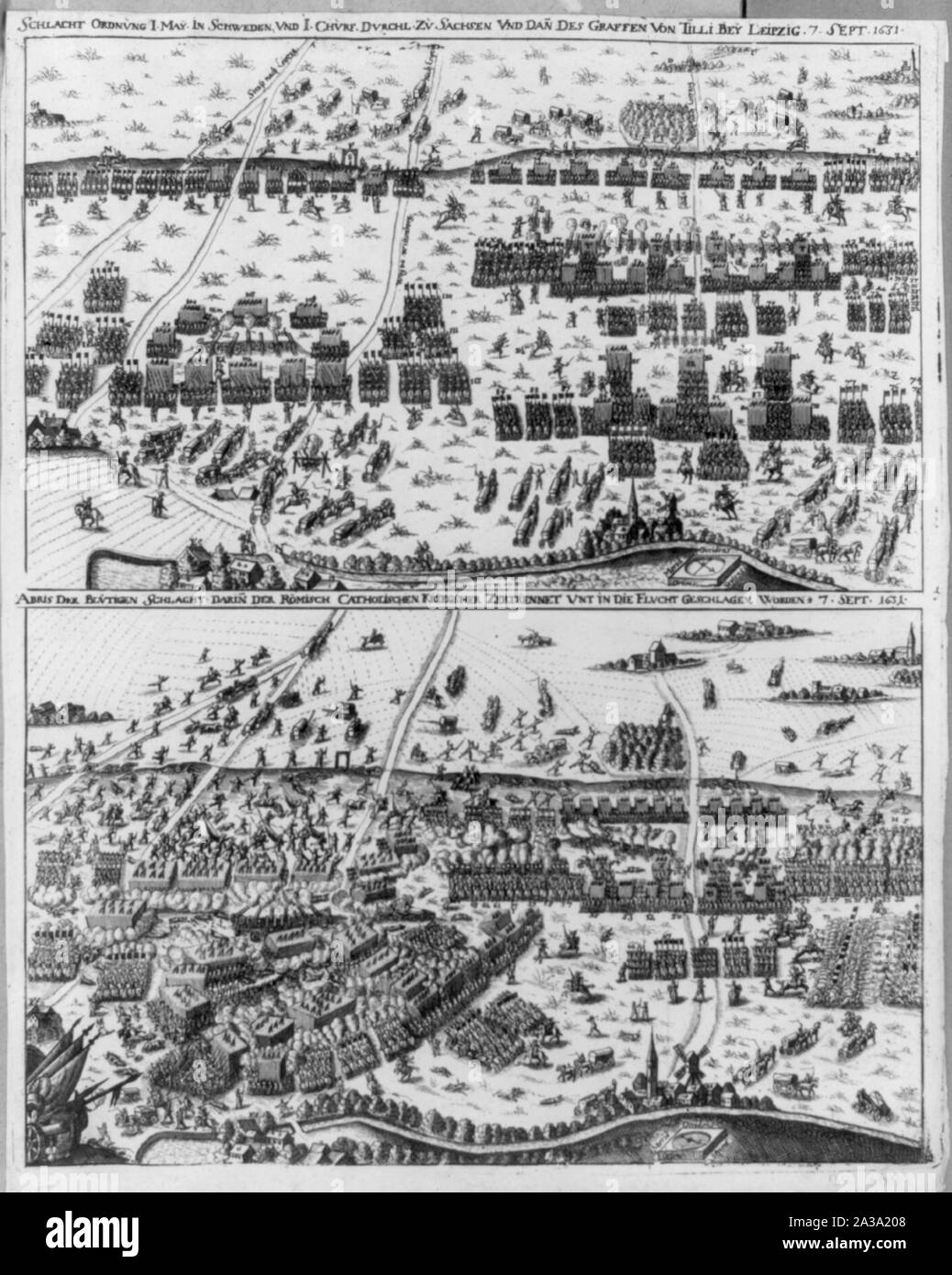 Schlacht Ordnvng I. Kann in Schweden vnd I. Chvrf. Dvrchl. Zu Sachsen vnd Dan[n] Es graffen von Tilli bey Leipzig 7. Sept. 1631 Stockfoto