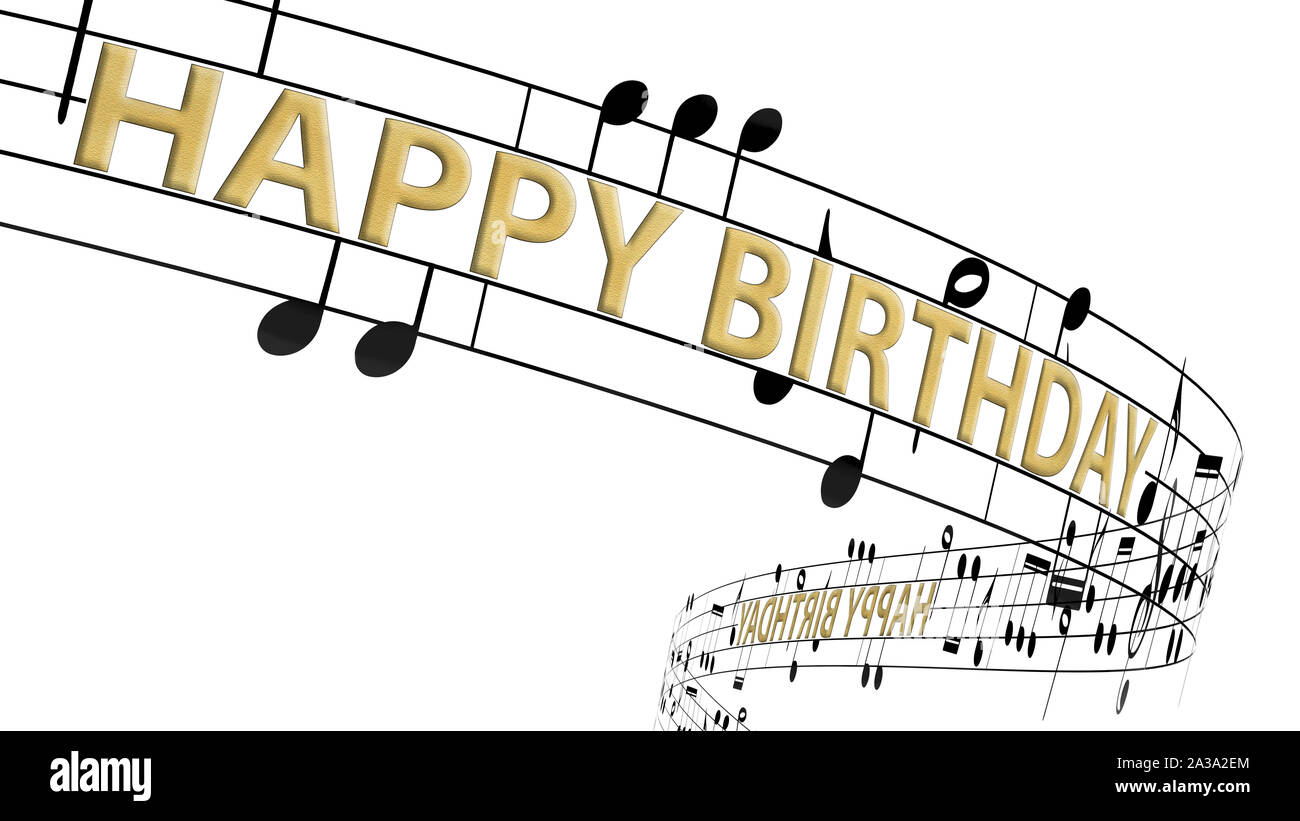 Noten fließen mit Nachricht happy birthday in Gold Farbe, nahtlose Animation Stockfoto