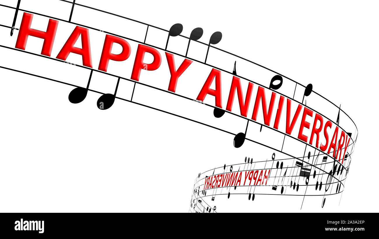 Noten fließen mit Nachricht alles Gute zum Jubiläum in roter Farbe, nahtlose Animation Stockfoto