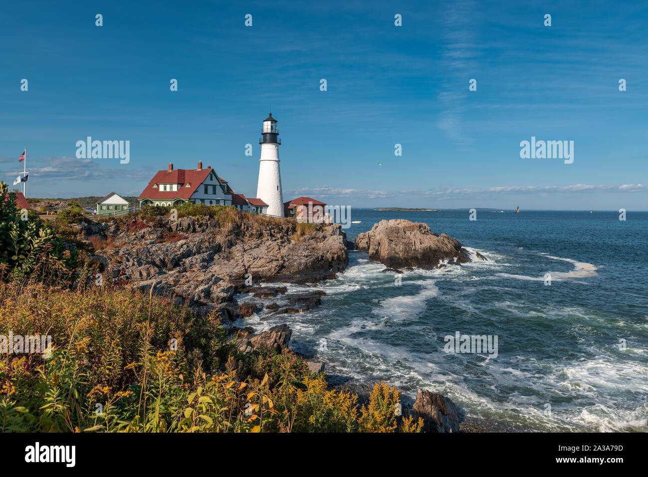 Portland Head Light, ist ein Historischer Leuchtturm in Cape Elizabeth, Maine. Stockfoto