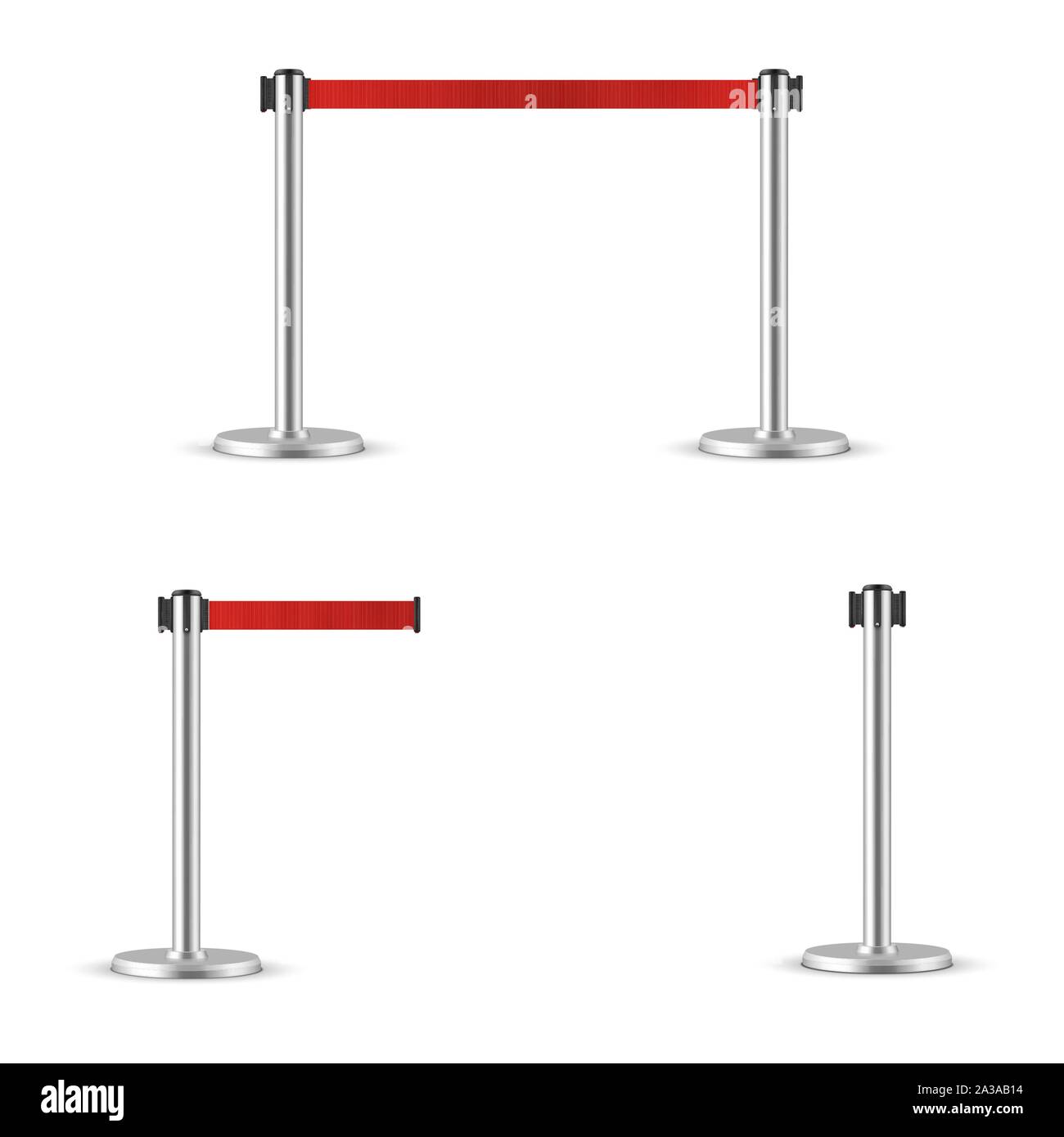 Gurtabroller stanchion eingestellt. Tragbare ribbon Barriere. Rot gestreifte Gefahr fechten Band. Stock Vektor