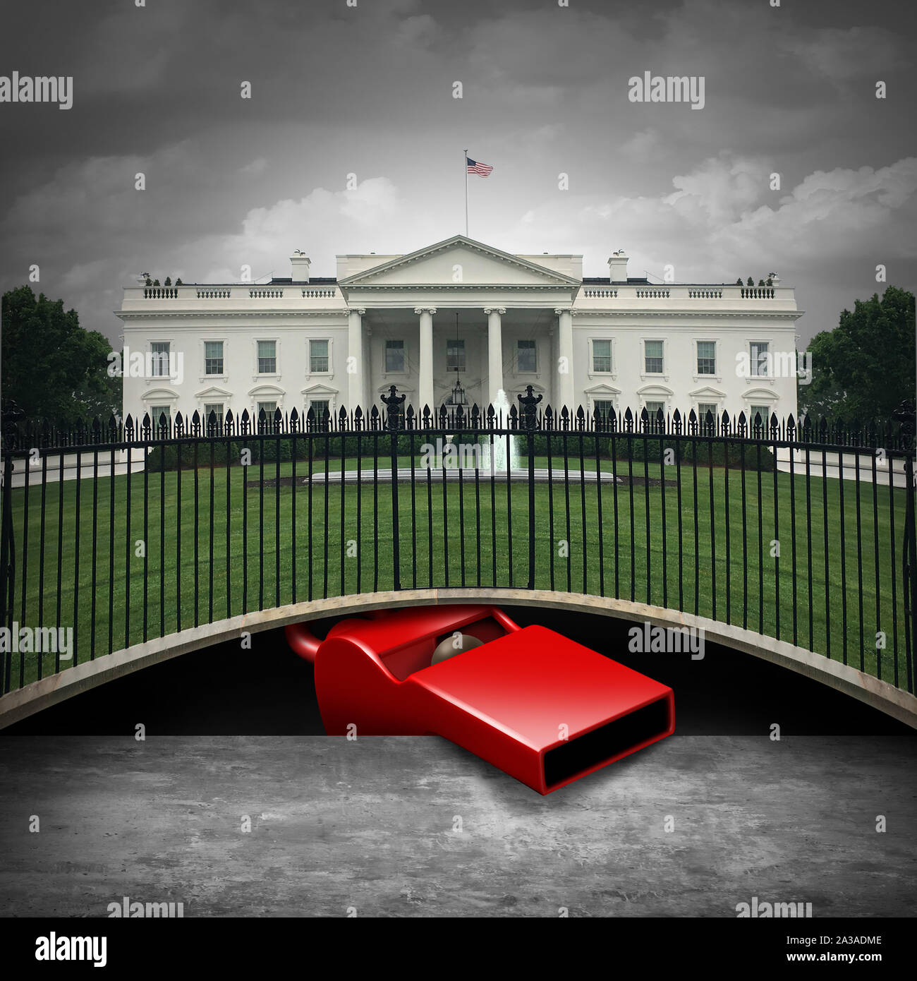 Whistleblower im Weißen Haus und tiefen Zustand whistle blower politisches Konzept einer anonymen Quelle oder leaker und United politisches Symbol. Stockfoto