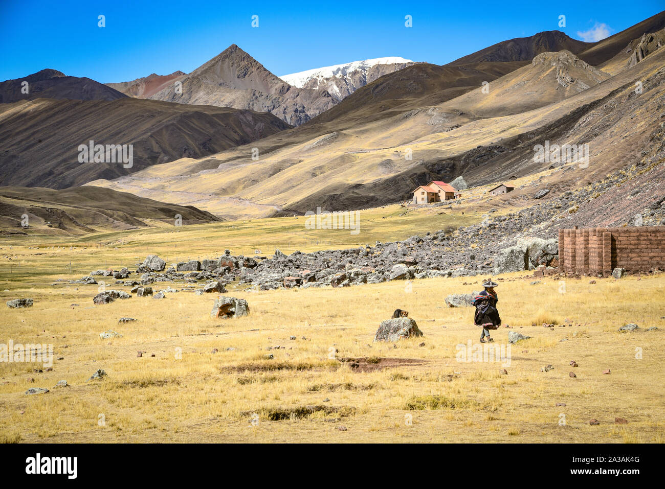 Eine Quechua lady Spaziergänge inmitten der Anden Berglandschaften im chillca Tal. Ausungate, Cusco, Peru Stockfoto