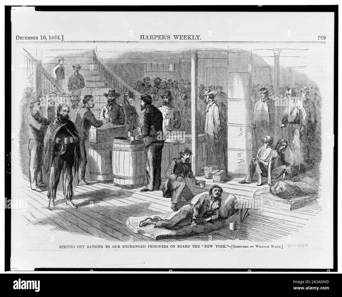 Heraus, die Rationen zu unserem Austausch von Gefangenen an Bord der New York/skizziert von William Waud. Stockfoto