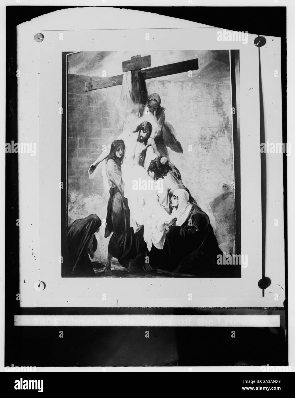 Der religiöse Gemälde von Christi Leiden, durch Kosheleff, in Russischen Hospiz, Jerusalem. Der Leib Christi vom Kreuz genommen Stockfoto