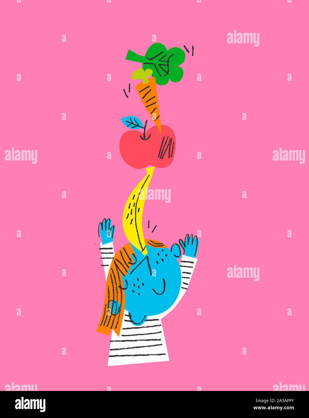 Glückliches Kind balancing frisches Obst und Gemüse Stockfoto