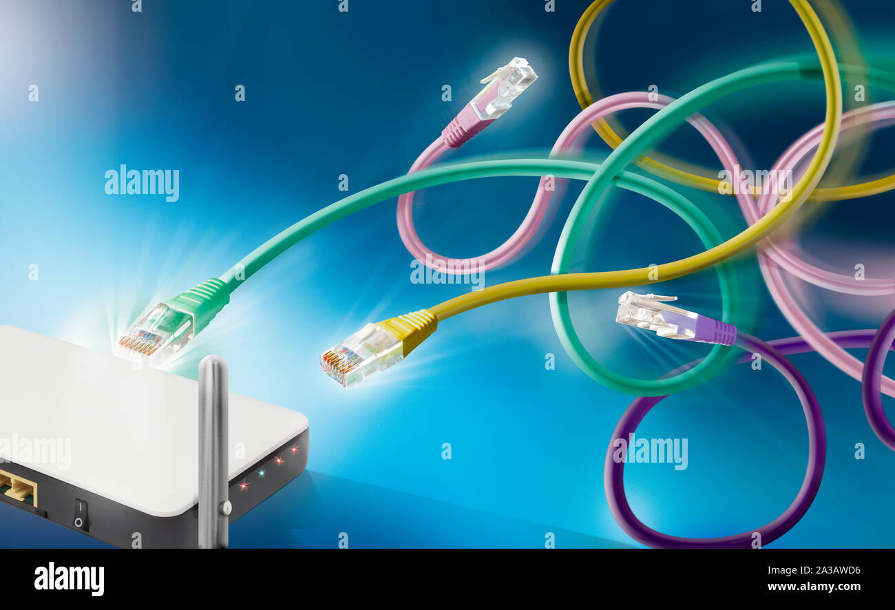 Ethernet Verbindung Kabel konkurrieren für den Zugriff auf Computer Modem Stockfoto