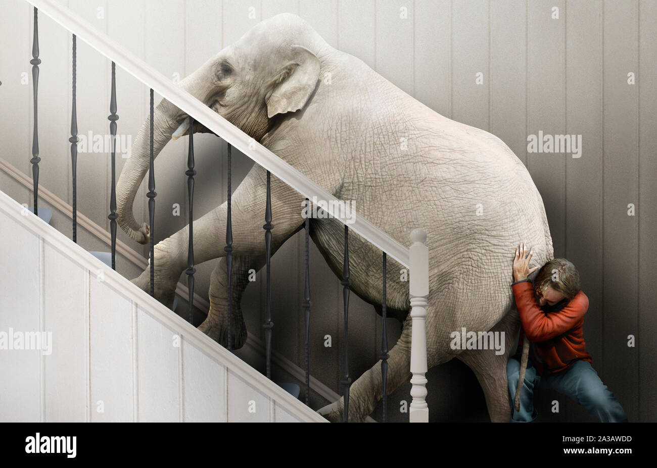 Mann kämpfen Elefant die Treppen hoch zu drücken Stockfoto