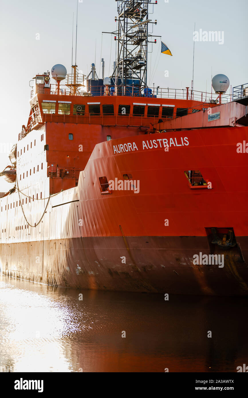 Hobart, Tasmanien, Australien - 10.Oktober 2019: Blick auf Aurora Australien in Constitution Dock in Hobart angedockt vor seiner letzten Reise in die Antarktis. Stockfoto