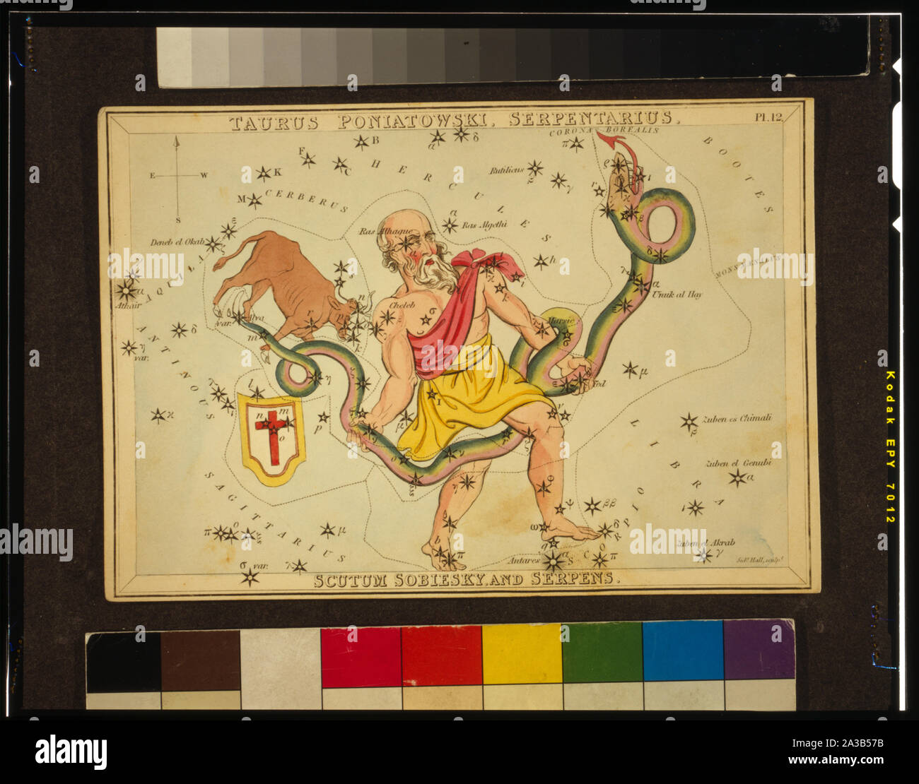 Taurus Poniatowski, Serpentarius, Scutum Sobiesky, und Serpens, Platte 12 in Urania's Mirror, ein Set von Himmelskörpern Karten durch eine vertraute Abhandlung über Astronomie begleitet ... mit Joschafat Aspin. London. Astronomische Diagramm. 1 Drucken auf mehreren Ebenen Papier board: Radierung, von Hand gefärbt.; Stockfoto
