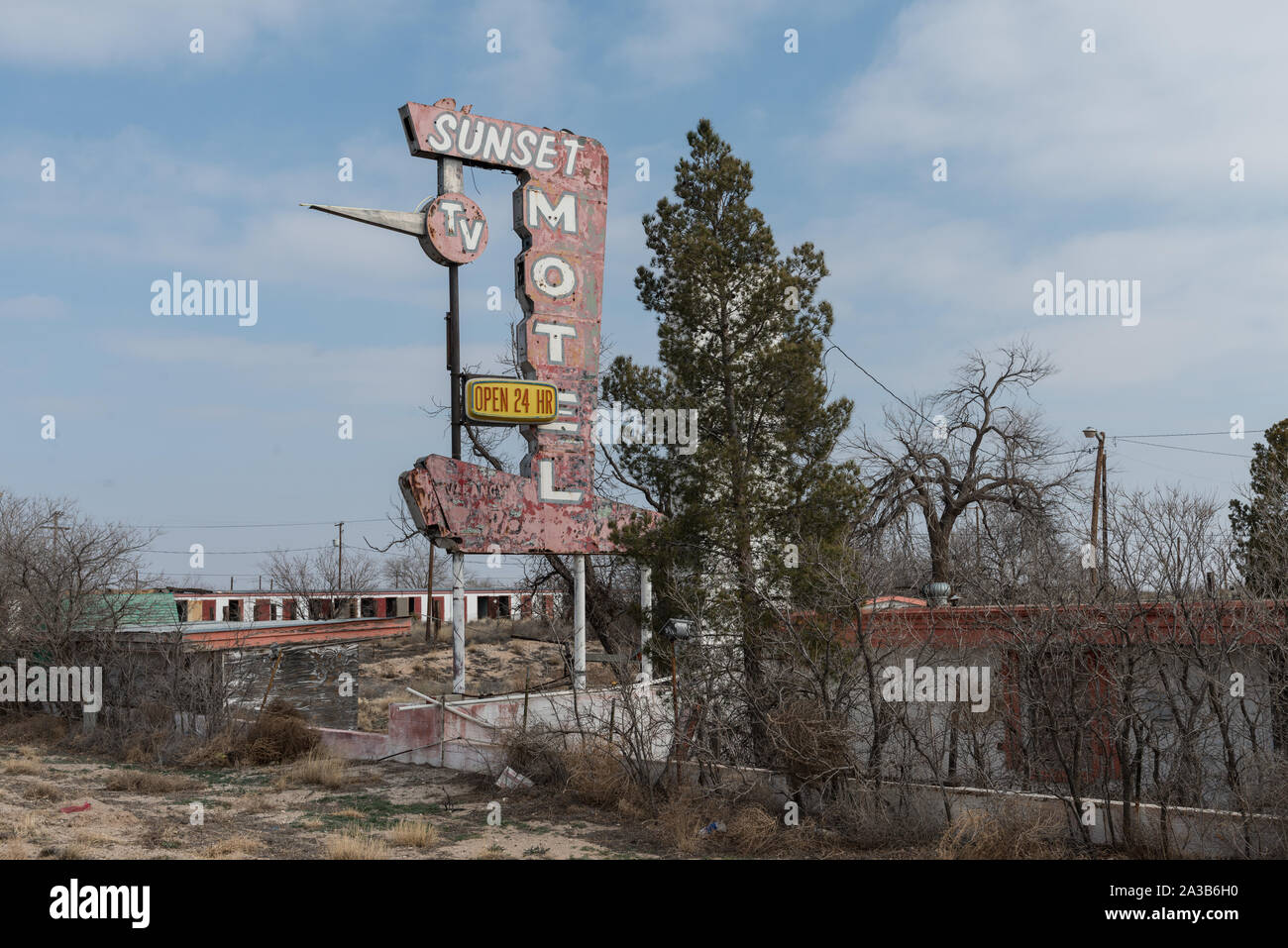 Zeichen für einen verlassenen Motel in Monahans, südwestlich von Odessa in Ward County, Texas Stockfoto