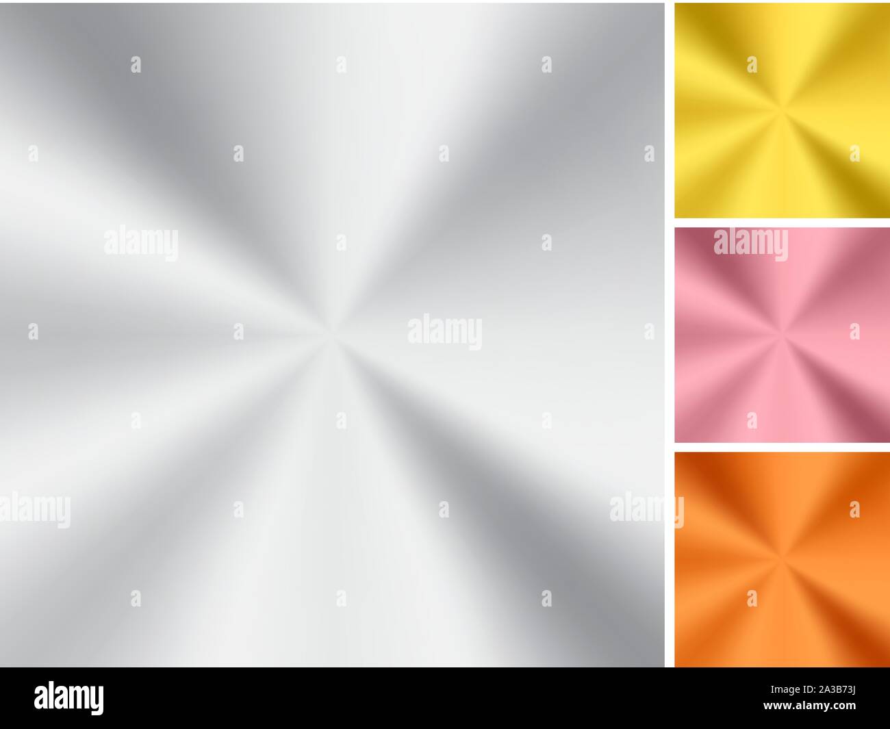 Satz von golden, silber, pink Gold und Kupfer radialer Farbverlauf metallic auf weißem Hintergrund. Realistische Metallfolie. Vector Illustration Stock Vektor