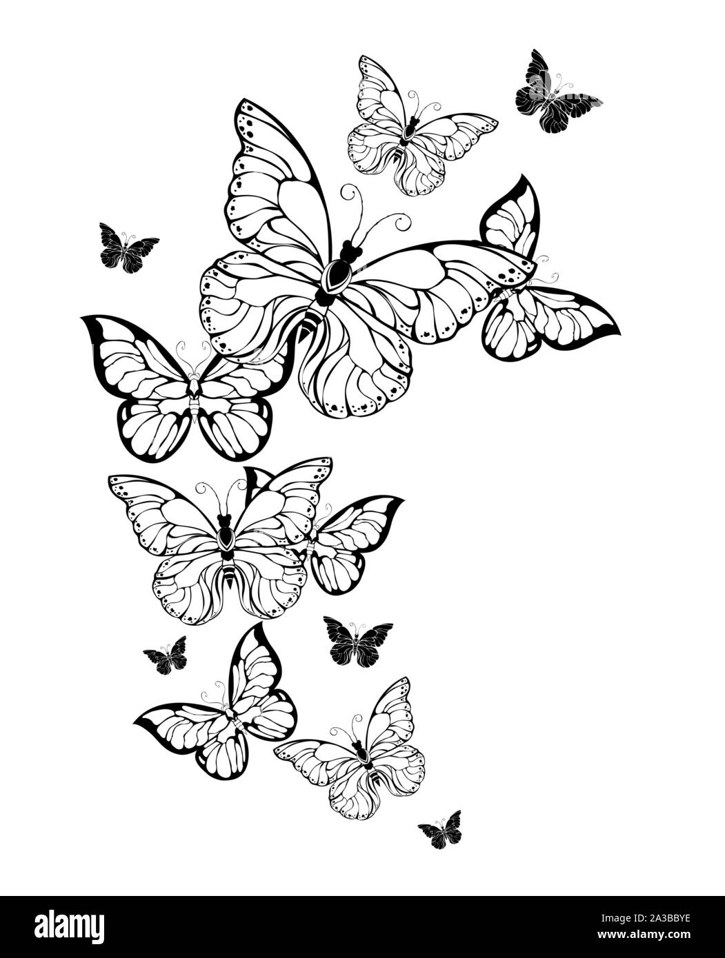 Flying Herden von Kontur, künstlerische Schmetterlinge auf weißem Hintergrund. Tattoo Stil. Stock Vektor