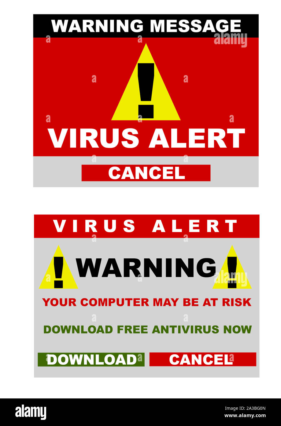 Zwei unterschiedliche Abbildung: Virus Alarm signal auf dem Computer Stockfoto