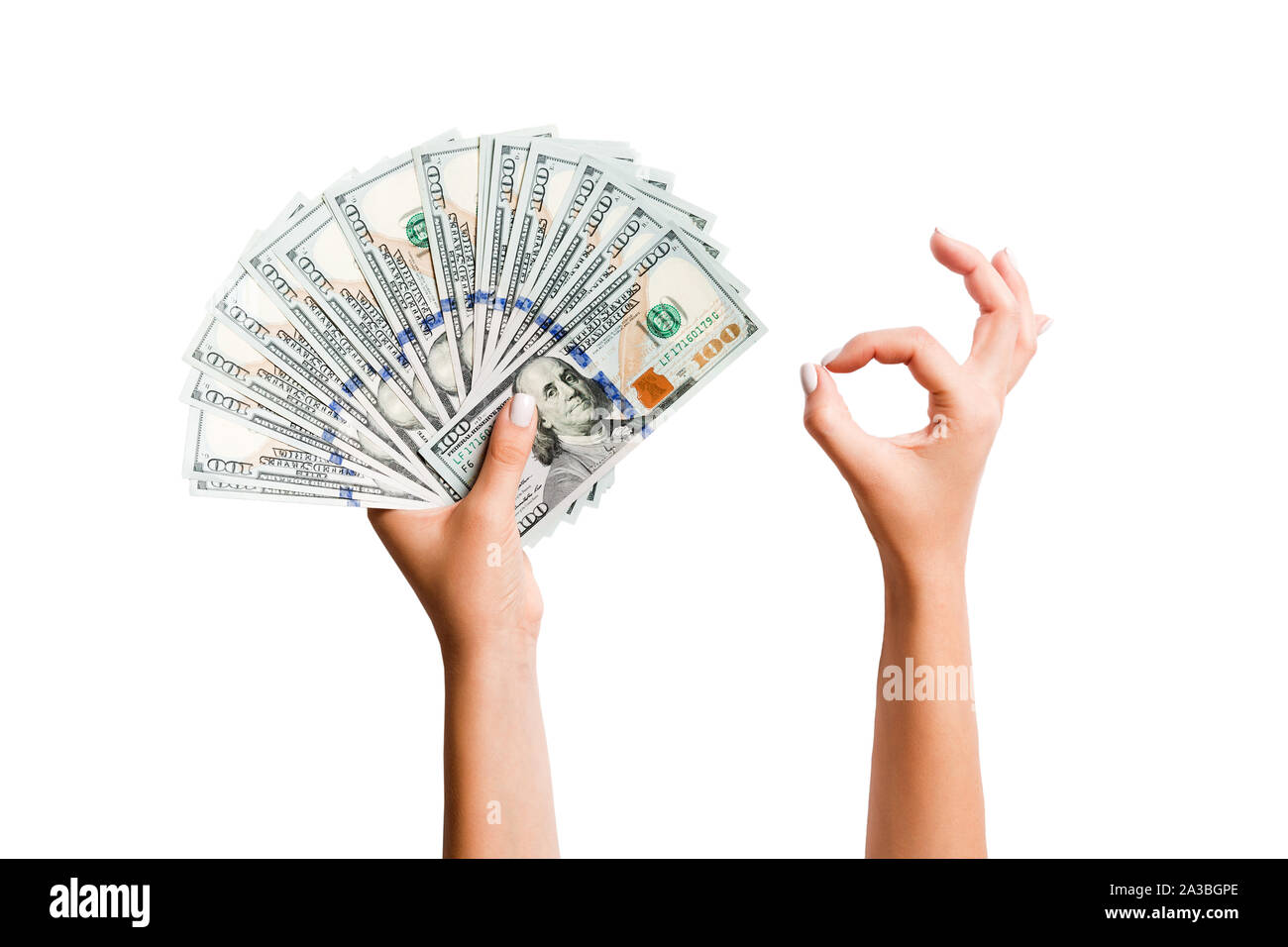 Isolierte Bild von Dollar in einer Hand und zeigen okay Geste mit der anderen Hand. Blick von oben auf die Geschäftsidee. Stockfoto