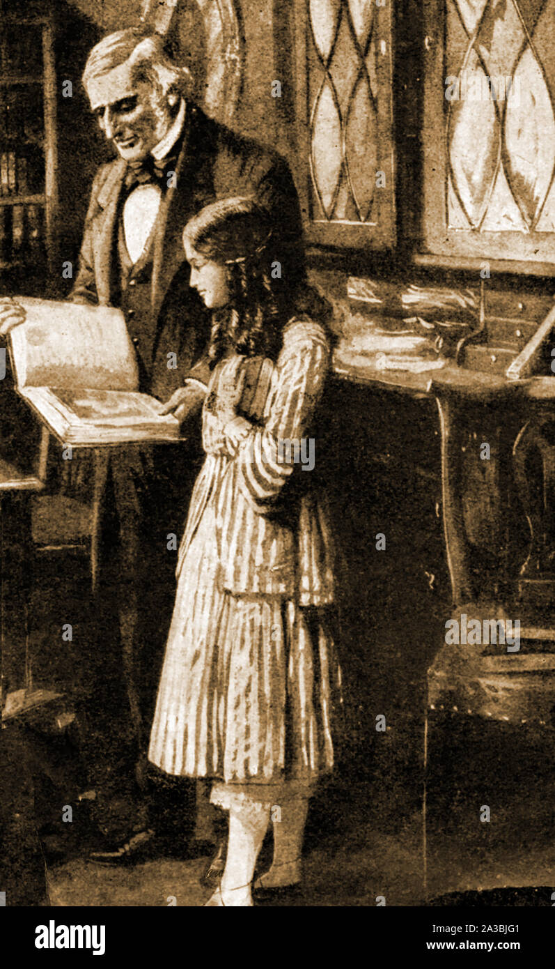 Eine alte Abbildung zeigt einen typischen viktorianischen Oberschicht Salon oder Bibliothek in England. Ein Vater (oder Großvater) zeigt ein Bildband zu einem jungen Mädchen. Stockfoto