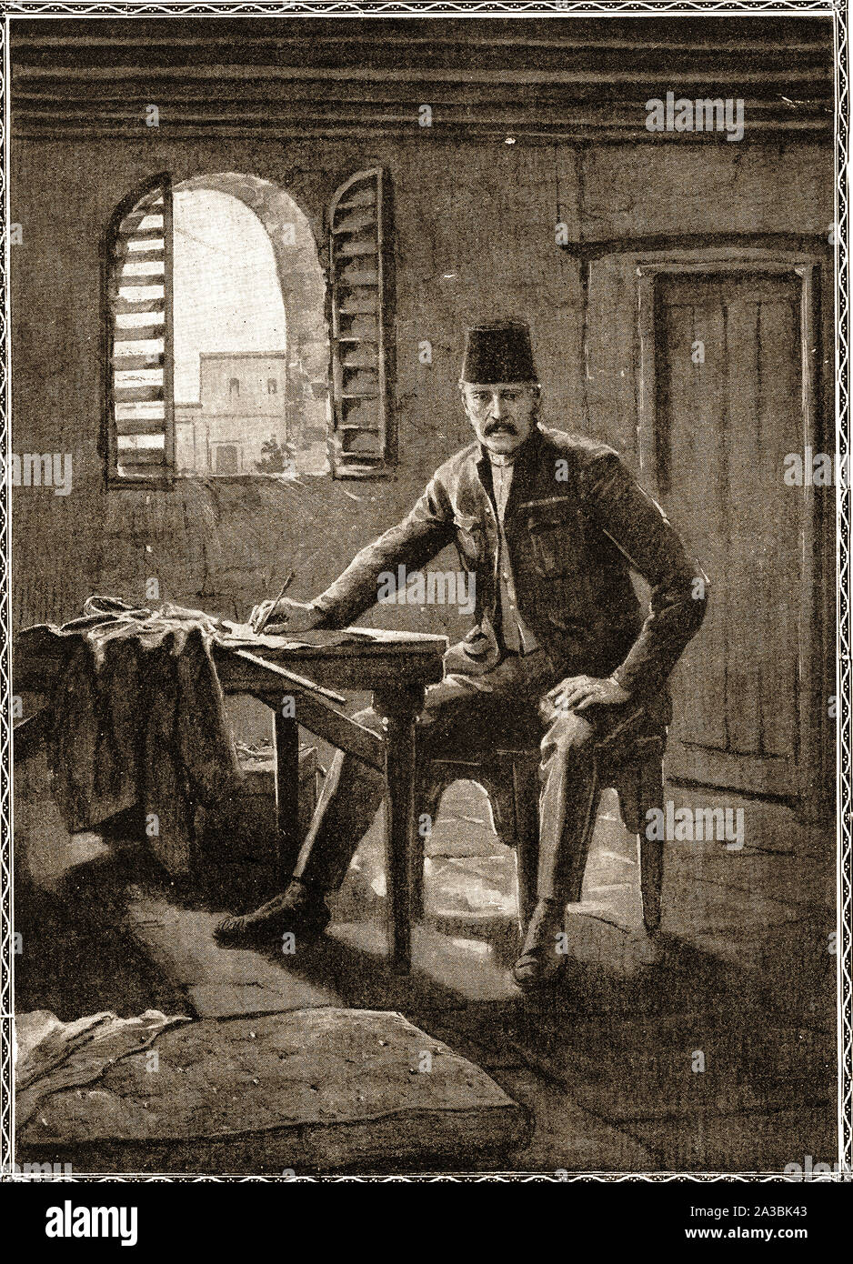 General Gordon (Generalmajor Charles George Gordon (1833 - 1885), auch bekannt als Chinesische Gordon und Gordon Pascha, Schreiben seine letzten Worte in Khartum, bevor er ausgeführt wurde (geglaubt, Verletzte durch einen Schuß, mit einem Schwert getötet und enthauptet) im Januar 1885. Stockfoto