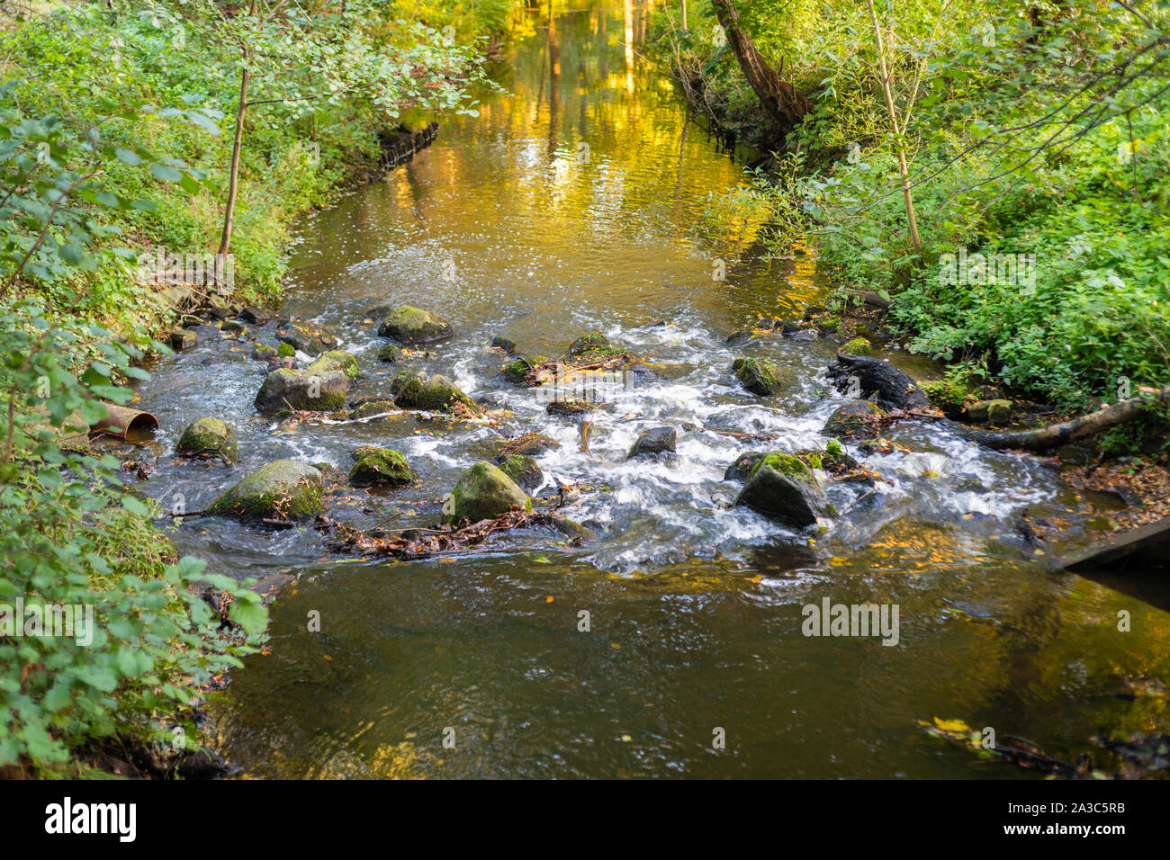 In einem kleinen ländlichen Fluss, Steine verursachen einige Turbulenzen im Wasser Stockfoto
