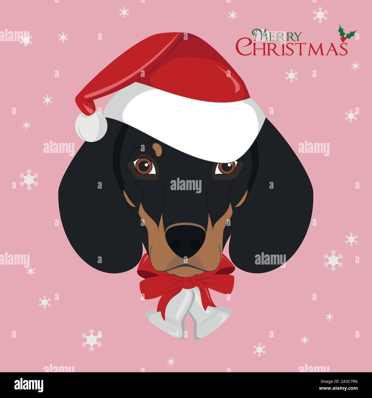 Weihnachten Grußkarte. Dackel Hund mit der rote Weihnachtsmütze und Christmas Bells Stock Vektor