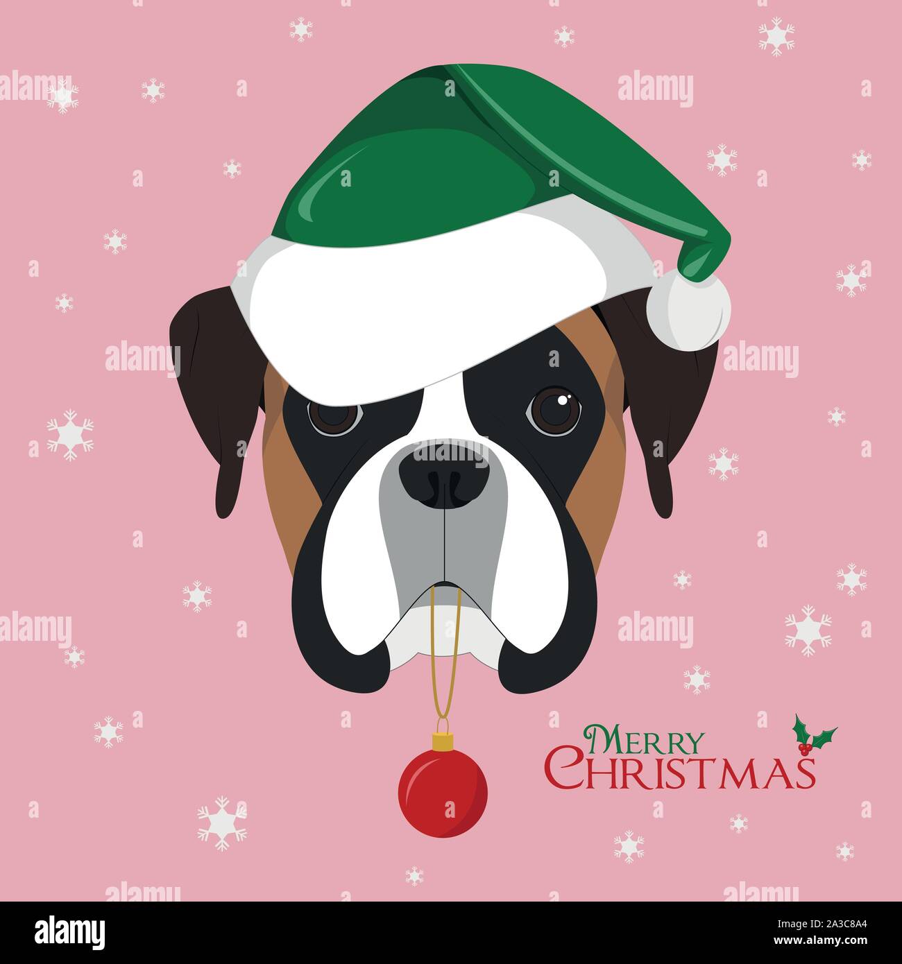 Weihnachten Grußkarte. Boxer Hund mit Hut grün Santa's und Weihnachten Spielzeug ball Stock Vektor