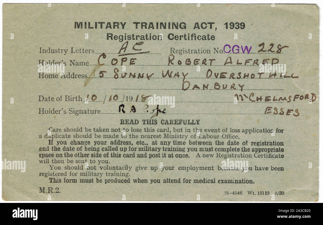 Militärisches Training Act 1939 Stockfoto