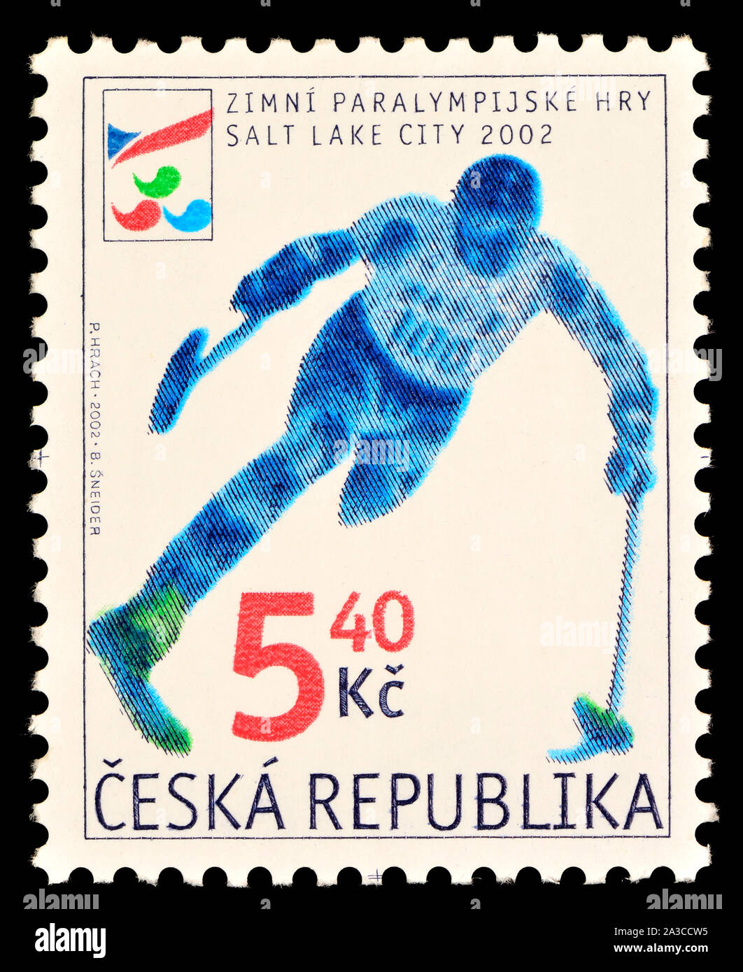 Tschechische Briefmarke (2002): Behinderte Skifahrer an den Paralympics 2002 in Salt Lake City Stockfoto