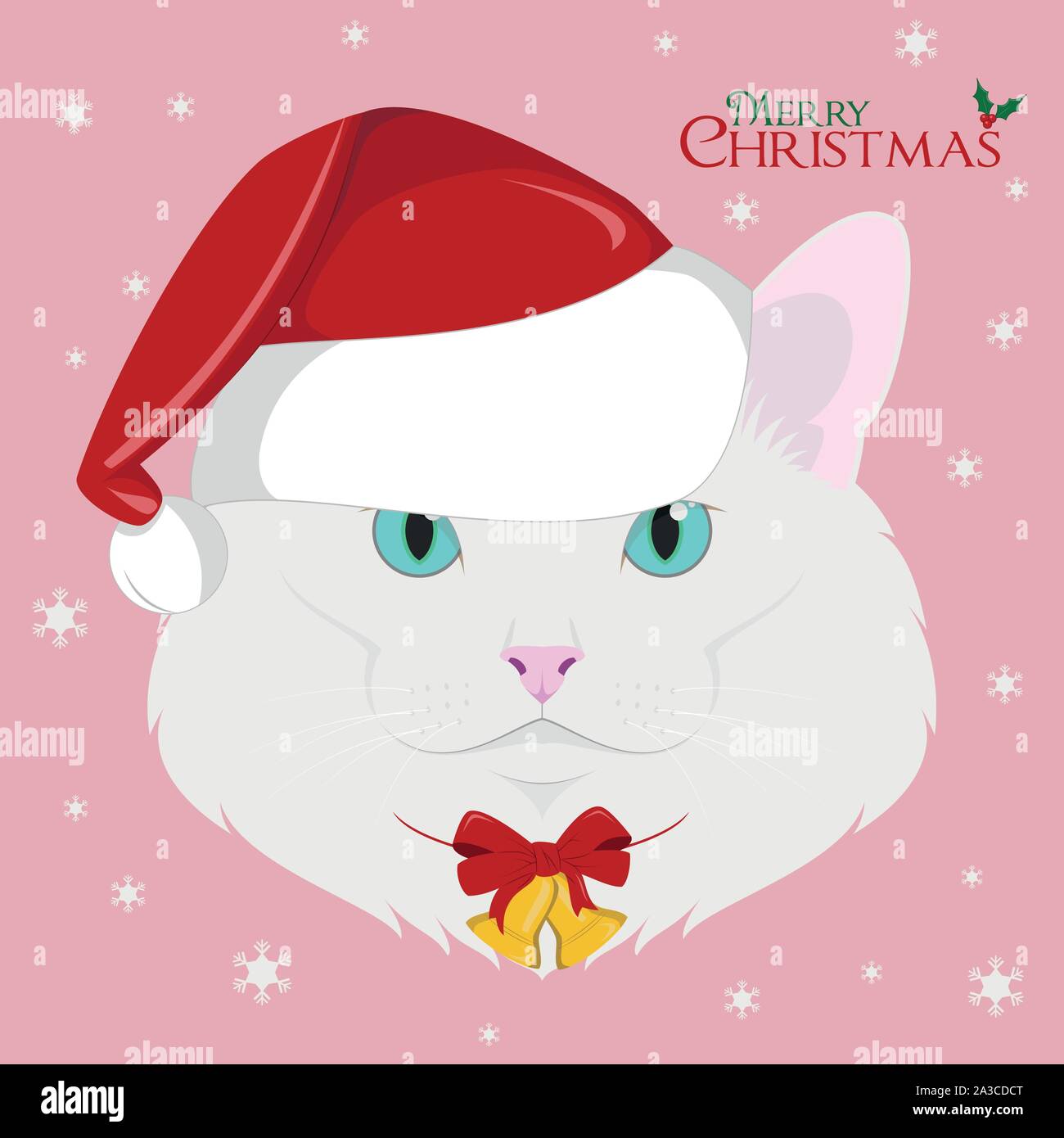 Weihnachten Grußkarte. Türkisch Angora Katze mit der rote Weihnachtsmütze und eine Weihnachtsverzierung Stock Vektor