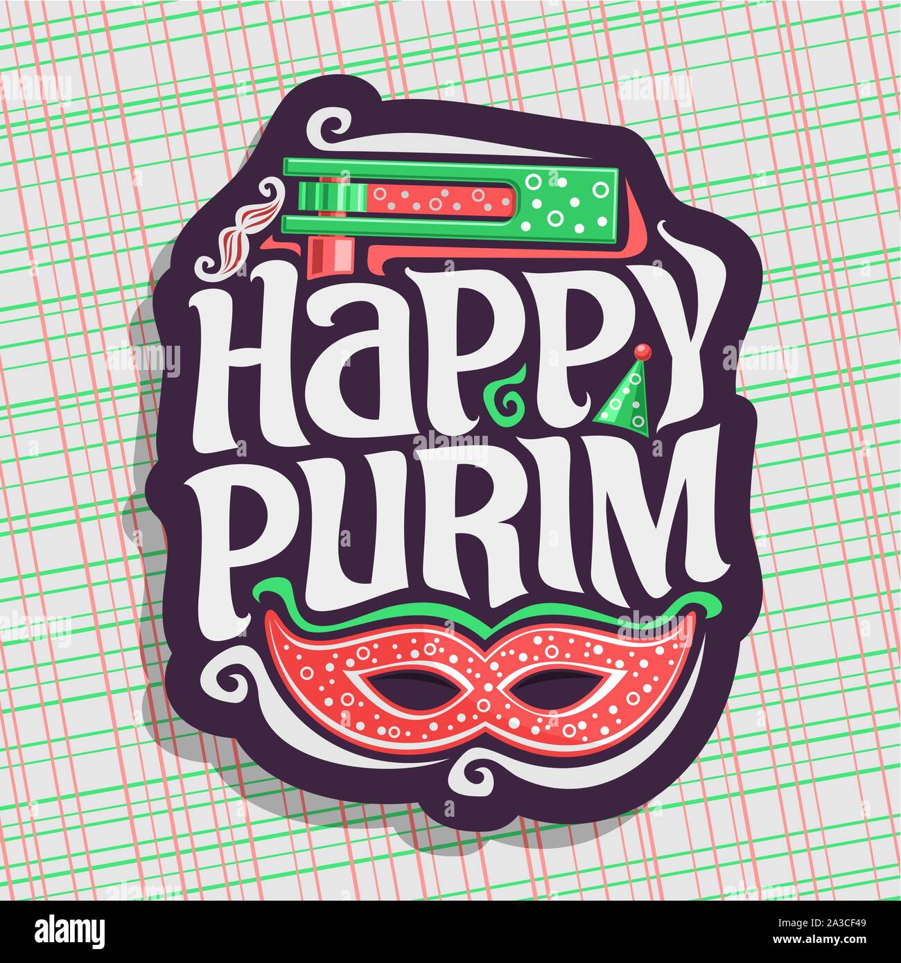 Vektor logo für Happy Purim, Poster mit Karneval Maske und Krachmacher Spielzeug für jüdische Feiertag, ursprüngliche Schriftart für die Begrüßung zitieren happy Purim, masquerad Stock Vektor