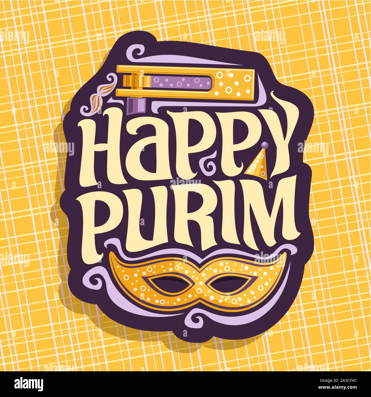 Vektor logo für Happy Purim, Poster mit Karneval Maske und Krachmacher Spielzeug für jüdische Feiertag, ursprüngliche Schriftart für die Begrüßung zitieren happy Purim, masquerad Stock Vektor
