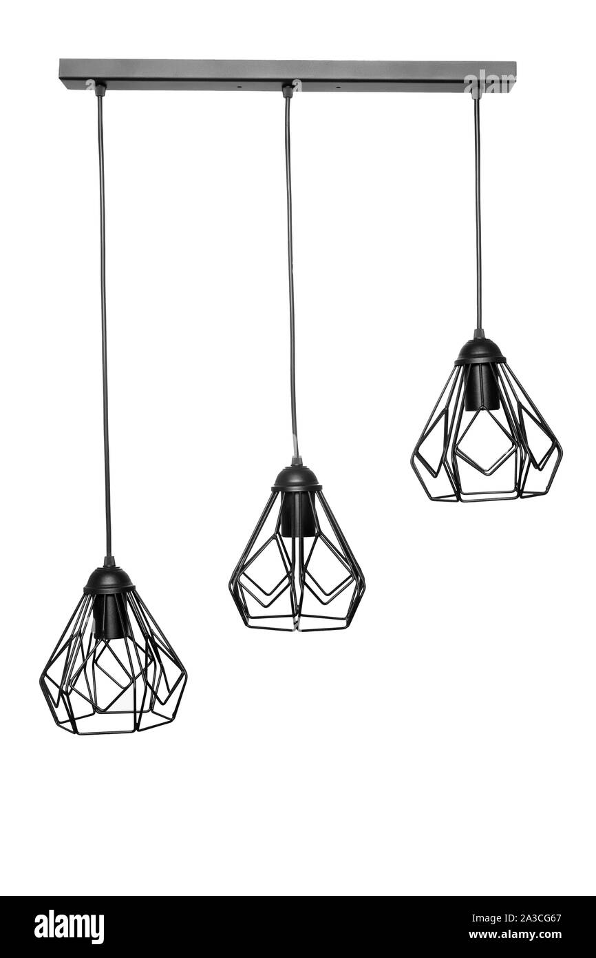 Dekorative Lampe von der Decke hängen. Moderne Lampe auf weißem Hintergrund Stockfoto