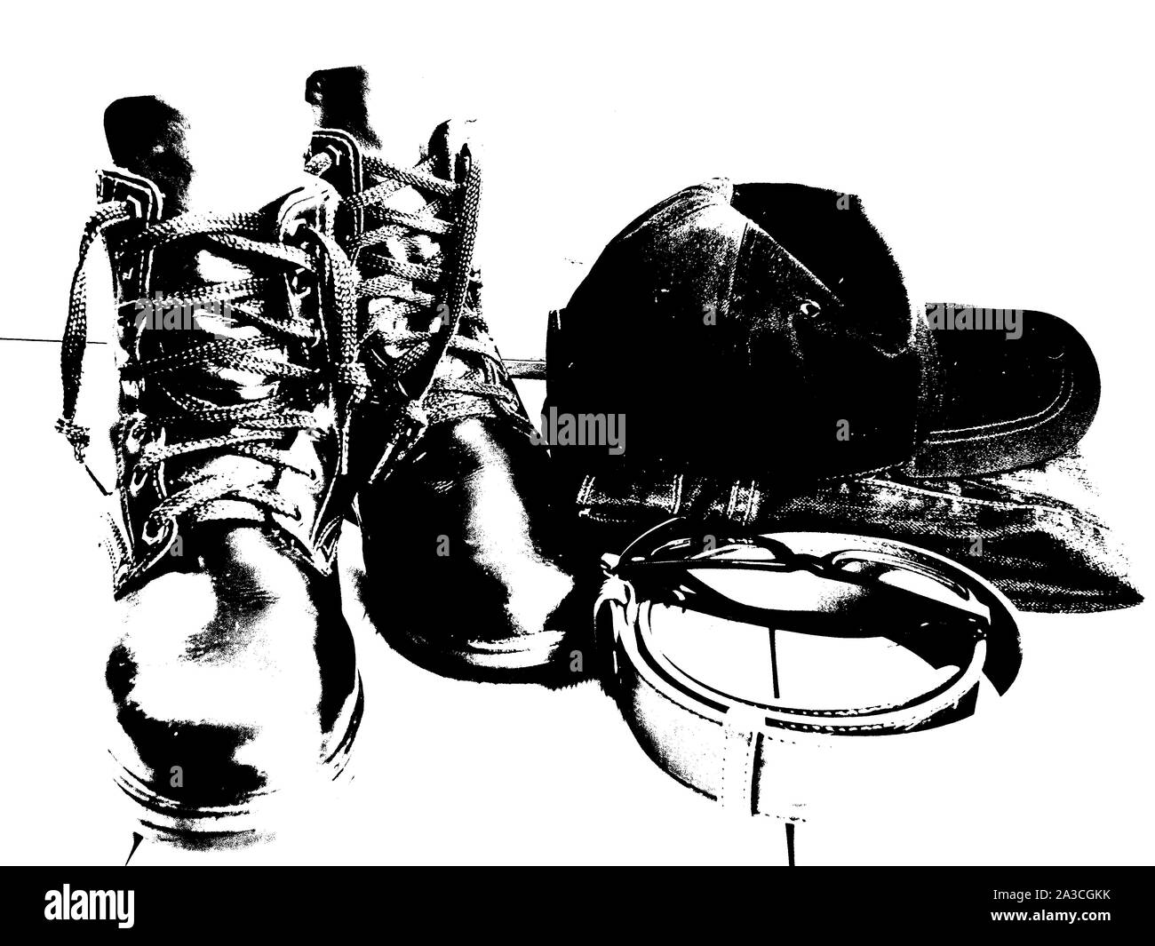 Schuhe, Gürtel, Hüte, Sonnenbrillen und Jeans, platziert auf einem Holzboden. Stockfoto