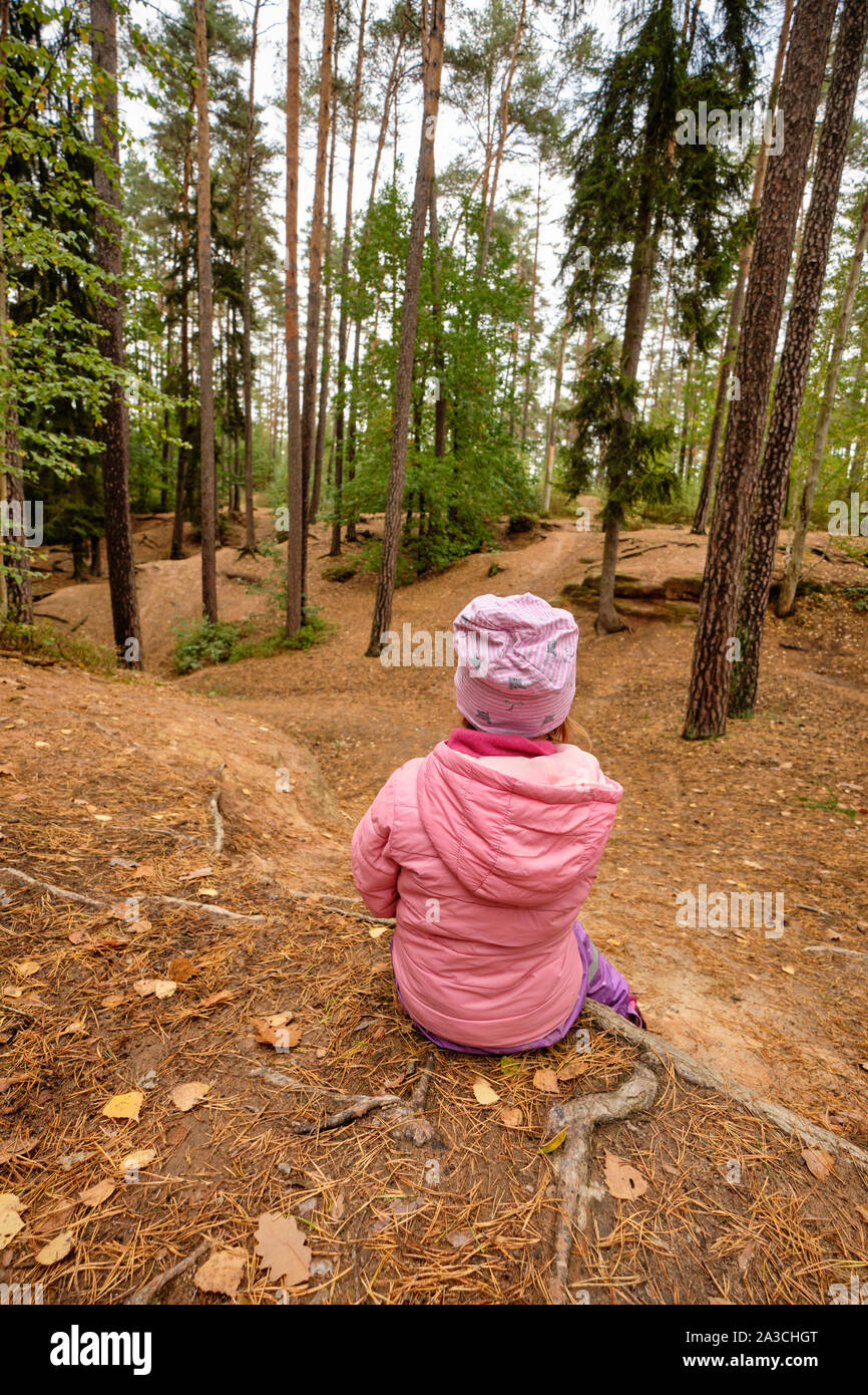 Ansicht der Rückseite ein 4 Jahre altes Kind Mädchen in rosa warme Kleidung sitzt in einem Wald auf einem Stimmungsvollen Tag im Oktober in Deutschland und mit einer Unterbrechung und Wat Stockfoto