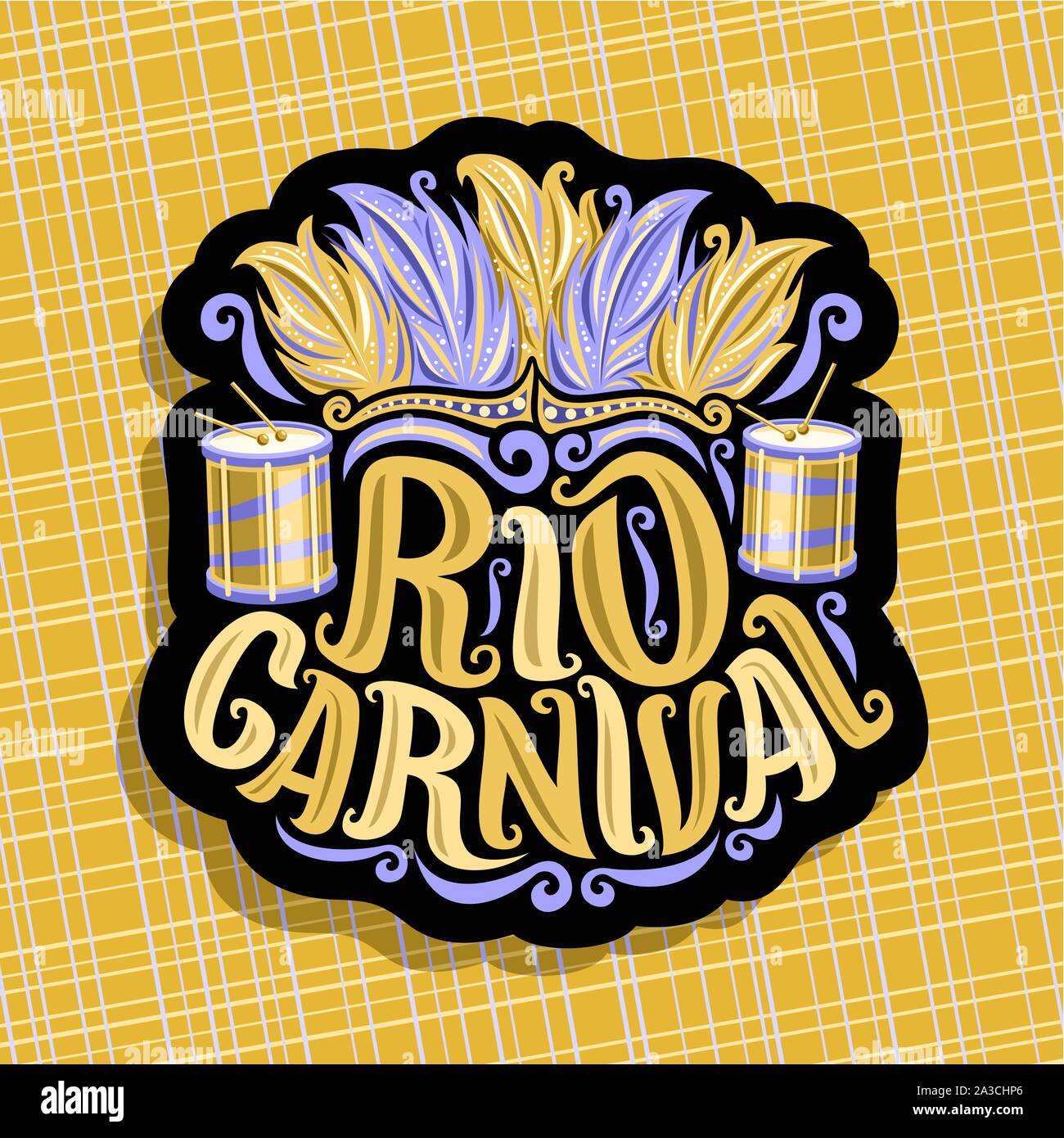 Vektor logo für Karneval in Rio, Poster mit brasilianischen Federkopfschmuck, Trommel mit Stöcken für Samba Parade, ursprüngliche Schriftart für den Text Karneval in Rio, schneiden sie Pap Stock Vektor