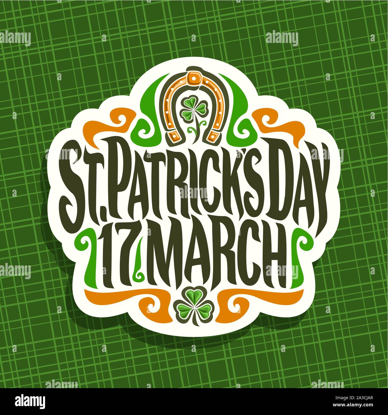 Vektor logo für Saint Patricks Day, Label mit ursprünglichen Schrifttyp für Text St Patrick's Tag, 17. März Vintage Poster mit grünen sprießen von Kleeblatt, Luc Stock Vektor