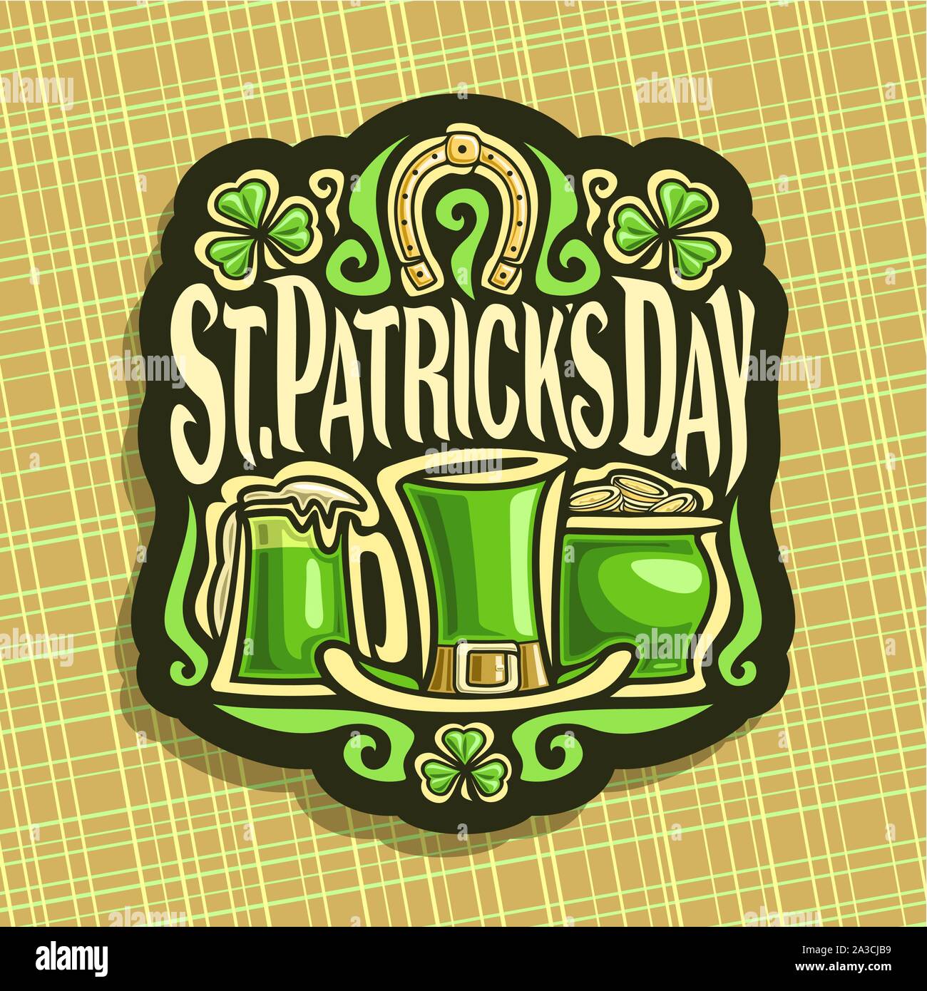 Vektor logo für Saint Patricks Day, Vintage Poster mit shamrock Blätter, Aufkleber mit Titel St Patrick's Day, Lucky symbol Golden Horseshoe, Grün lepr Stock Vektor