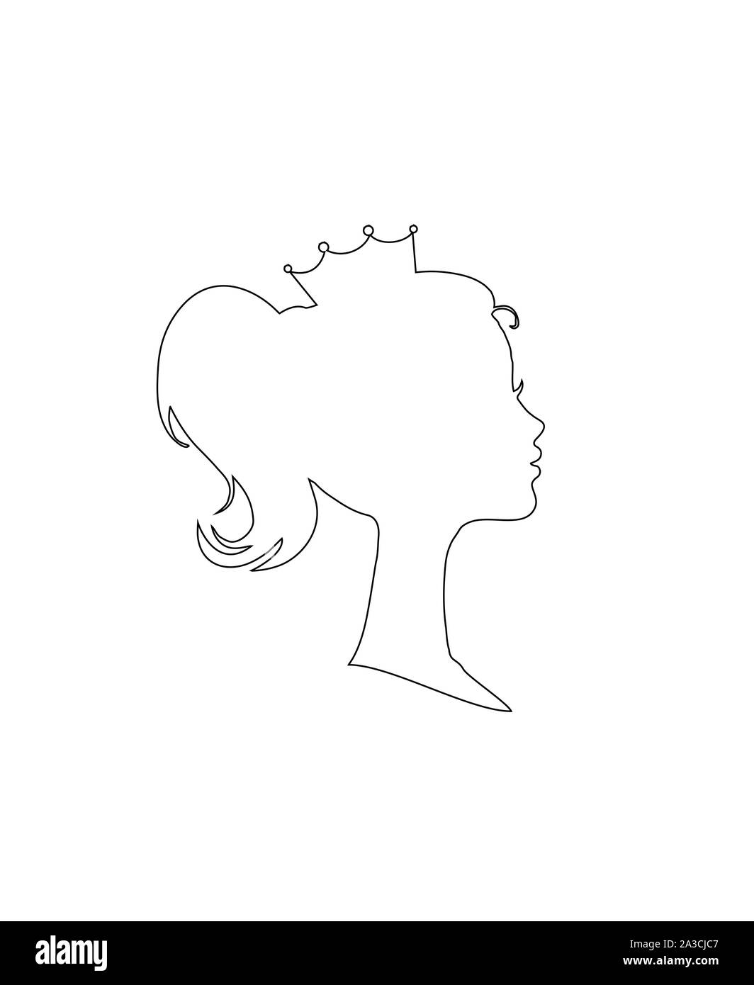 Prinzessin oder Königin Profil Silhouette mit Krone auf dem Kopf, Umriss Monochrom Retro Cameo viktorianischen Porträt von Royal Magestic Person, süße Mädchen Werarin Stockfoto