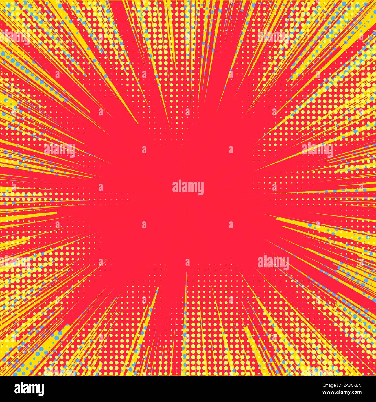 Explosion Vector Illustration. Retro Pop Art Hintergrund mit Punkten. Lichtstrahlen. Stock Vektor