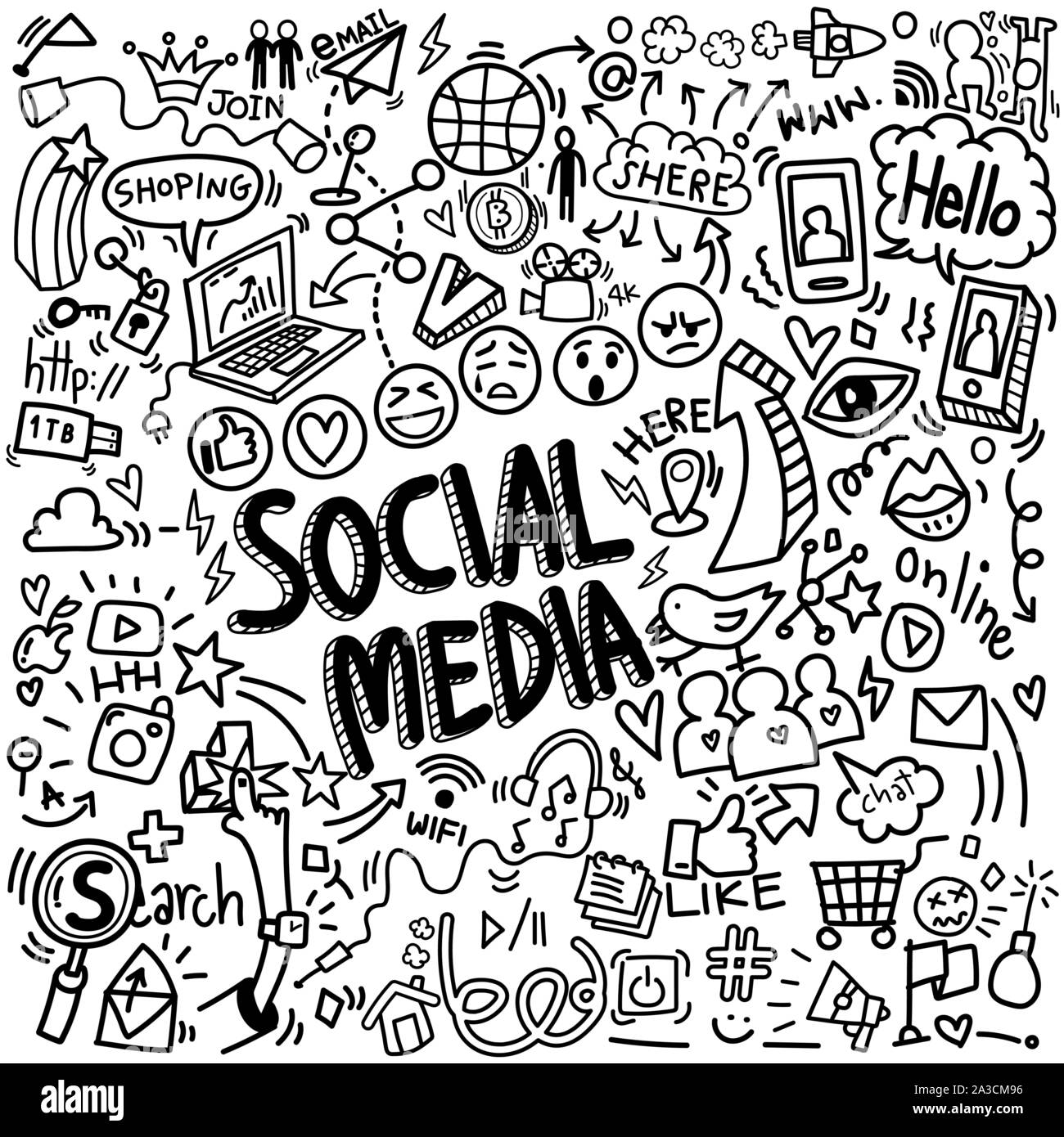 Der Vektor der Objekte und Symbole auf social media Element, doodles Skizze Abbildung Stock Vektor