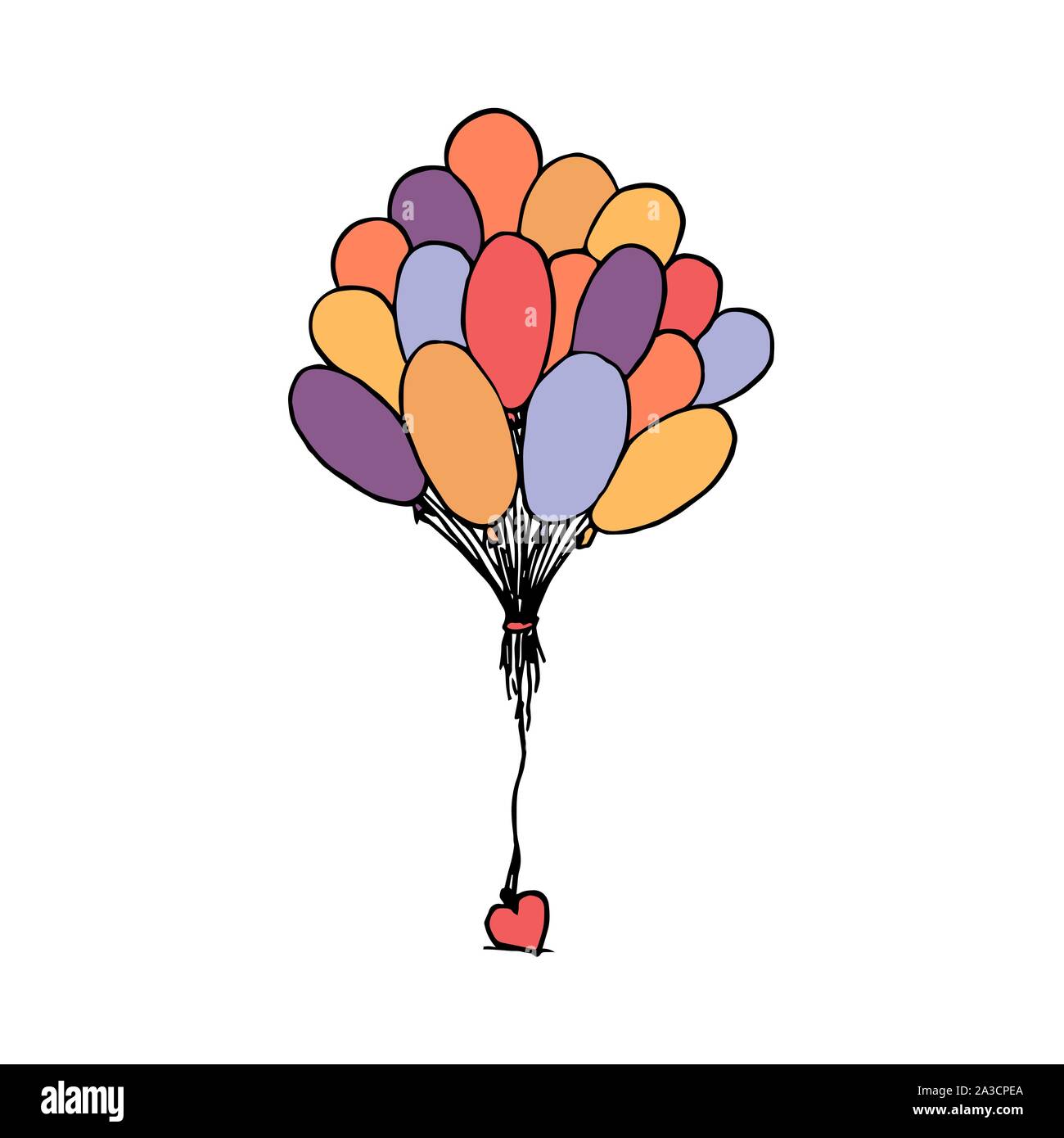Bündel Luftballons zusammen mit Herz gebunden. Bunte Umrisse auf weißem Hintergrund. Bild kann in Grußkarten, Poster, Flyer, Banner, Logo verwendet werden, die weitere Gestaltung etc. Vector Illustration. EPS 10. Stock Vektor