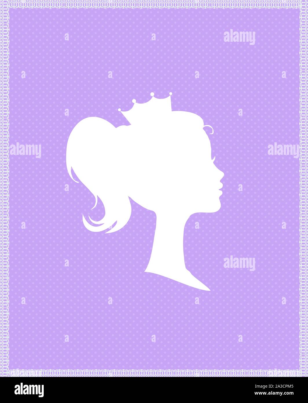 Prinzessin Königin Profil Silhouette mit Krone auf lila Hintergrund mit Typografie Retro Grußkarte, viktorianischen Porträt der Königlichen Person süße Mädchen in Stock Vektor