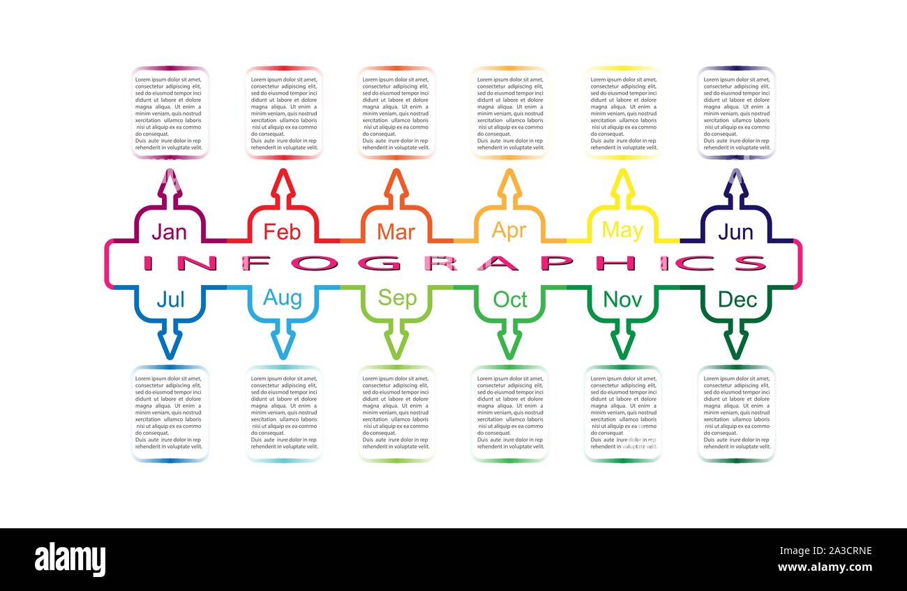 Infografiken. Entwicklung Strategie, Aktionsplan oder Business Development für das Jahr nach Monat. Stock Vektor