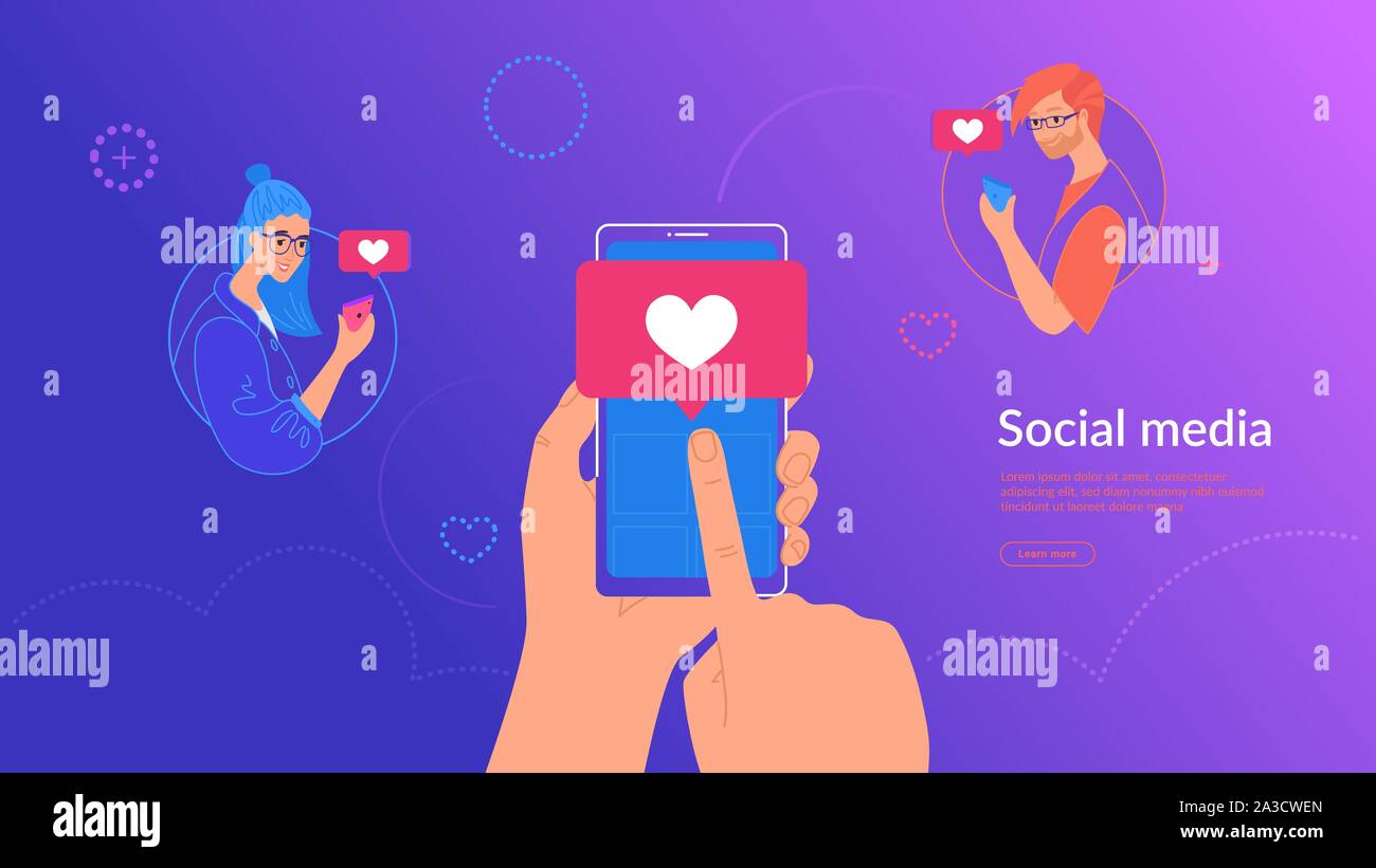 Drücken Sie auf die Schaltfläche für die Umbuchung und mit mehr mag Konzept gradient Vector Illustration des menschlichen Händen halten Smart Phones und das Herz drücken Sie b Stock Vektor