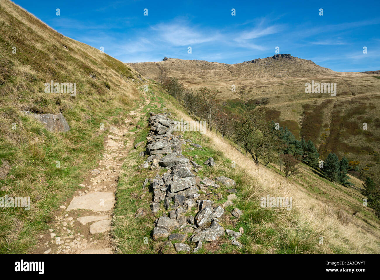 Steilen Pfad zu Jacobs Leiter in das Tal von Morley, Peak District, Derbyshire, England führt. Stockfoto