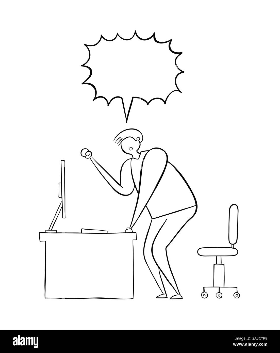 Der Mann ist am Computer Schreibtisch und kreischen frustriert. Vector Illustration. Schwarzen umrissen und weißen Hintergrund. Stock Vektor