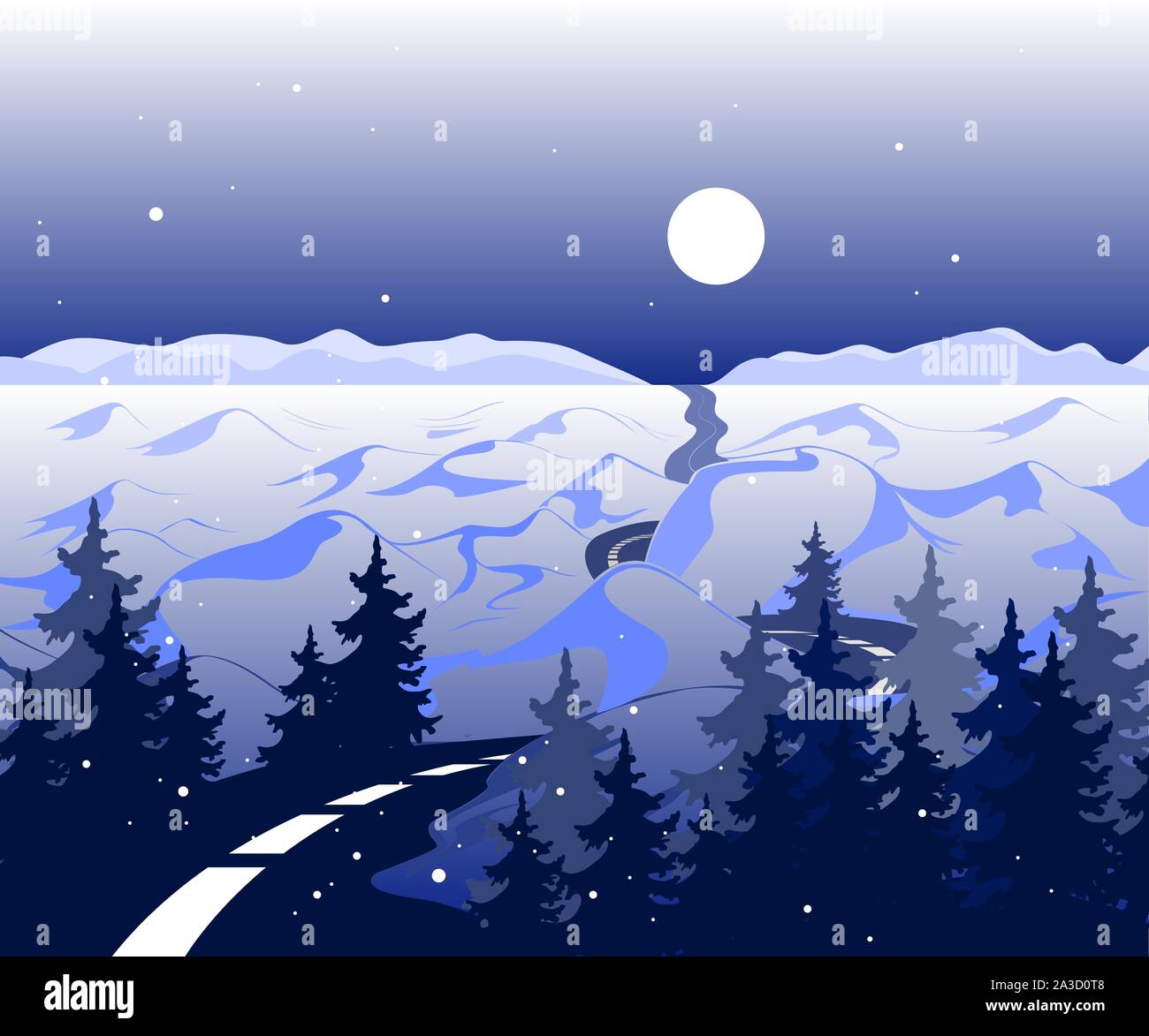 Vektor Winter Hintergrund mit Straße und verschneite Tal mit Bäumen. Die arktische Landschaft mit Bergen im Horizont mit dem schönen Mond Stock Vektor