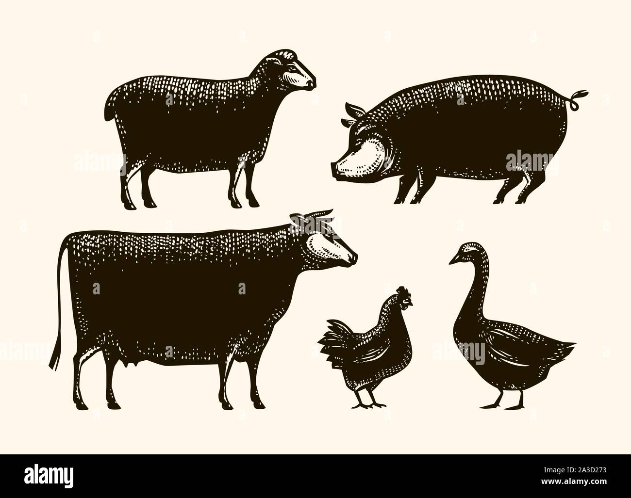 Bauernhof Tiere eingestellt. Landwirtschaft, silhouette Vector Illustration Stock Vektor