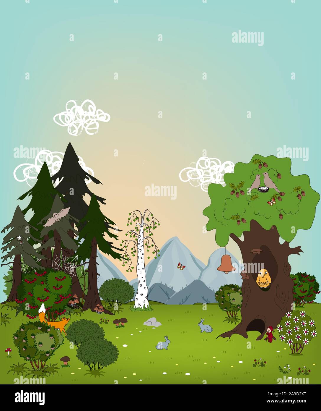 Cartoon Sommer Landschaft mit Bäumen, Wiesen und Berge. Schönen Rasen in der Holz-, Kinder vector Hintergrund. Stock Vektor